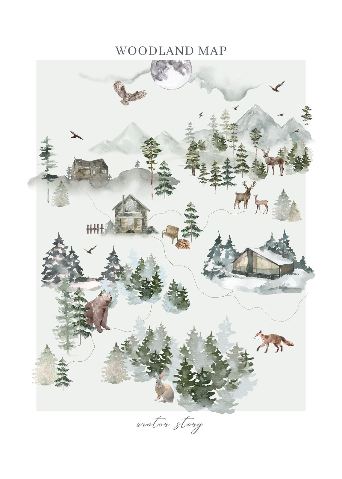 Enchanting Woodland Map Winter Story Wall Art