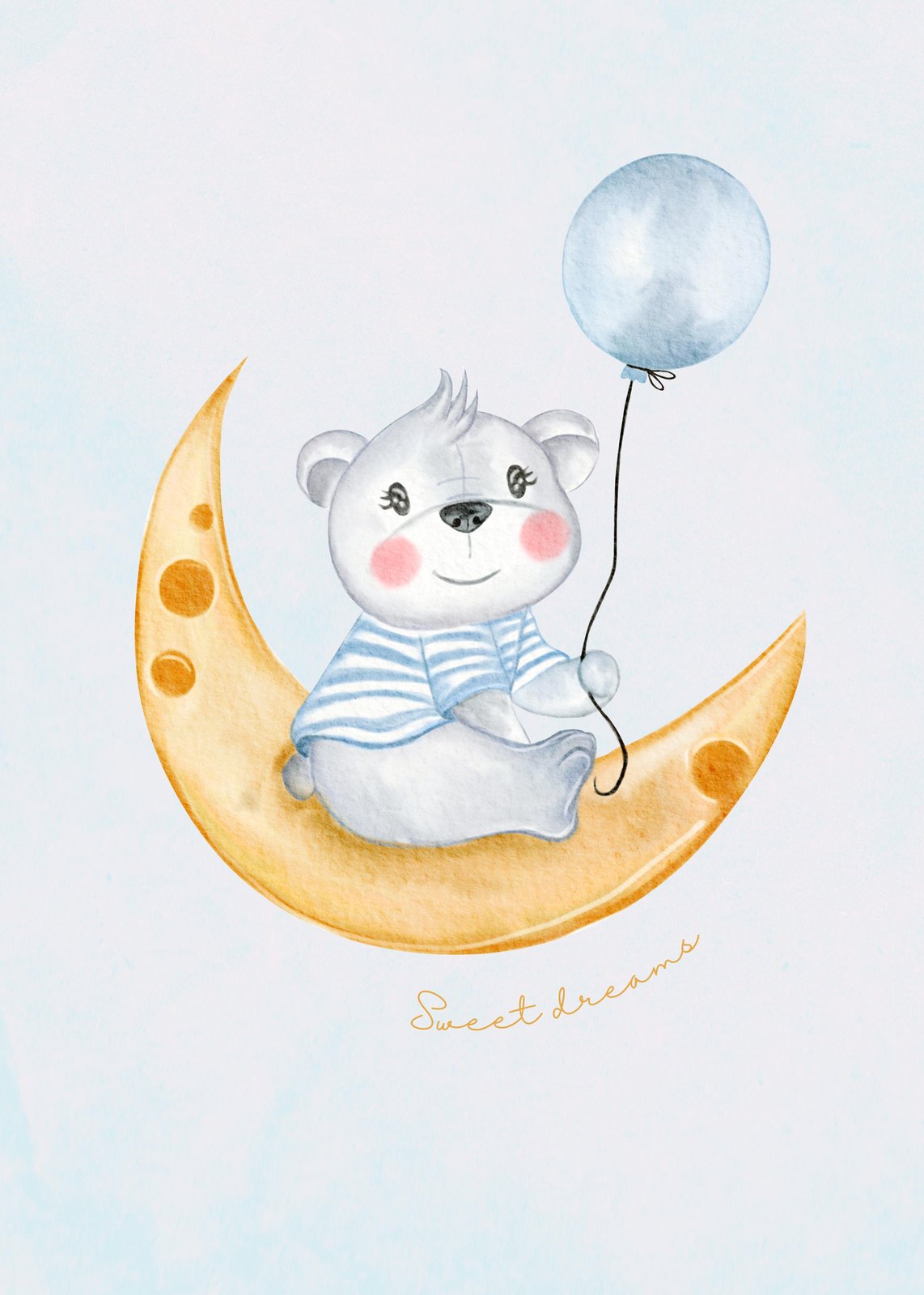 Dreamy Bear Moon Watercolor Nursery Wall Art