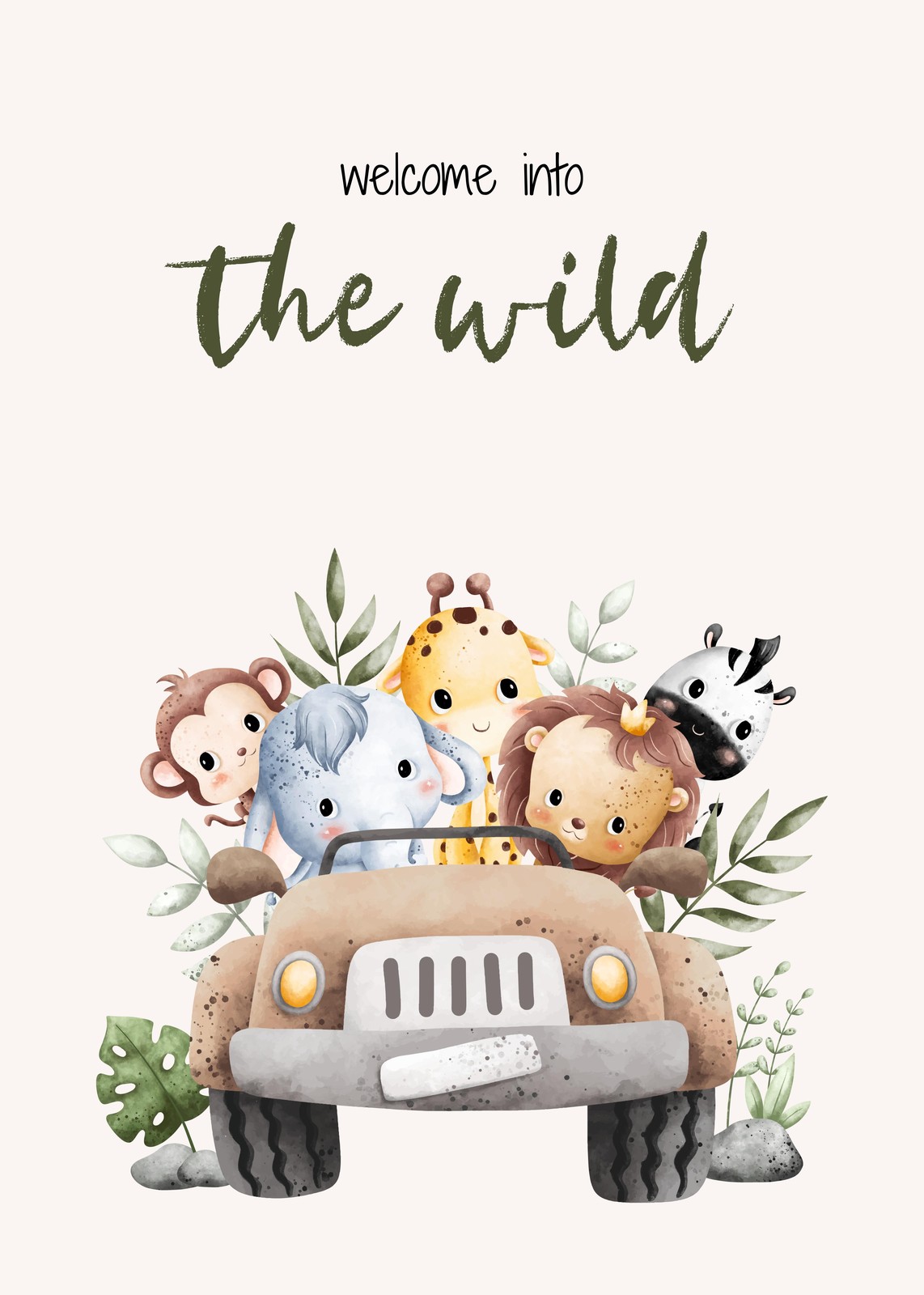 Cute Safari Animals Jeep Adventure Wall Art