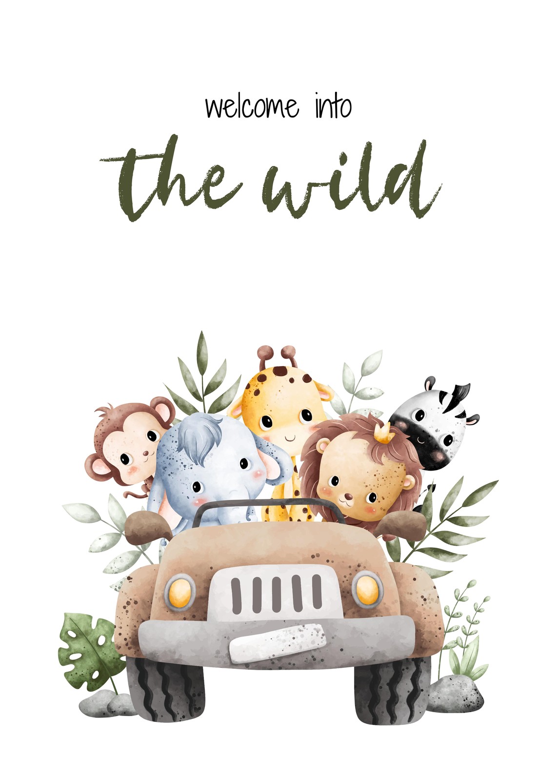 Cute Safari Animals Jeep Adventure Wall Art