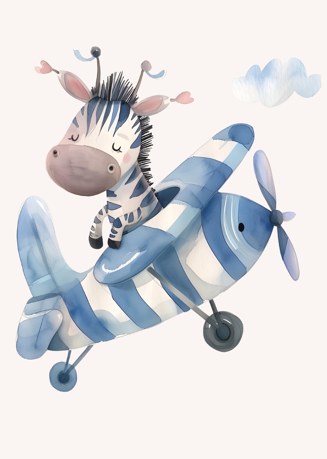 Cute Zebra Pilot Airplane Watercolor Wall Art