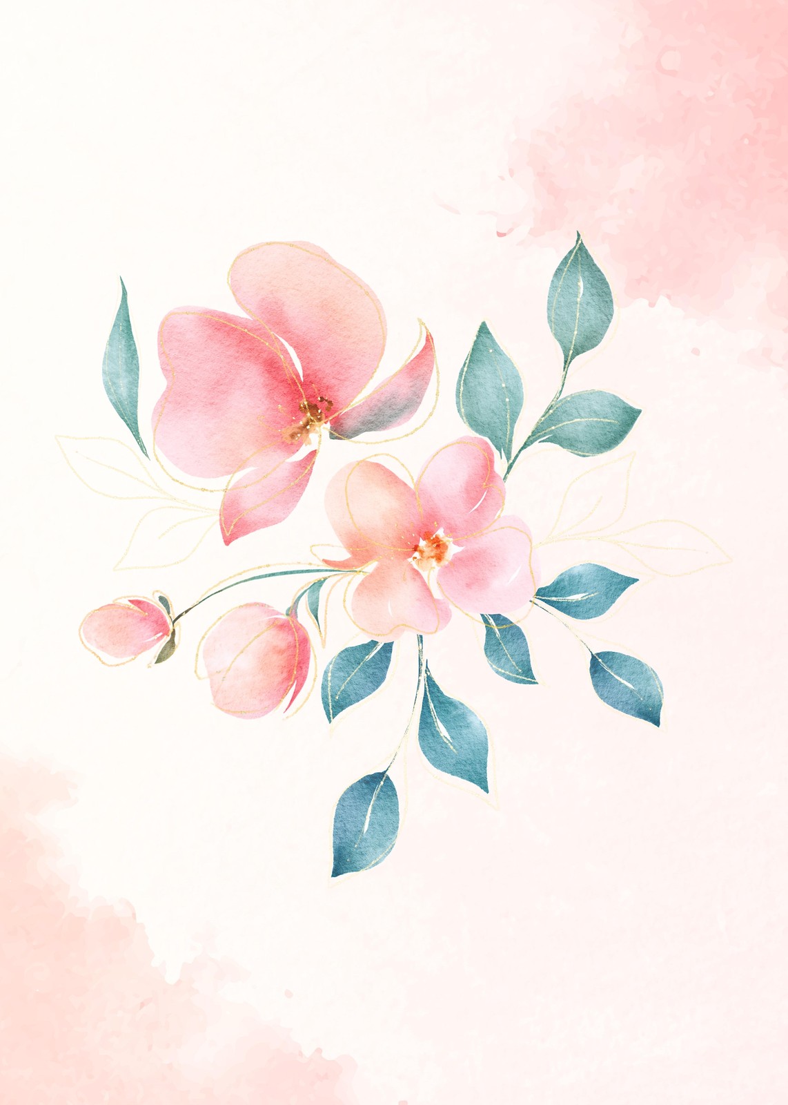Soft Pink Floral Watercolour Gold Outline Wall Art
