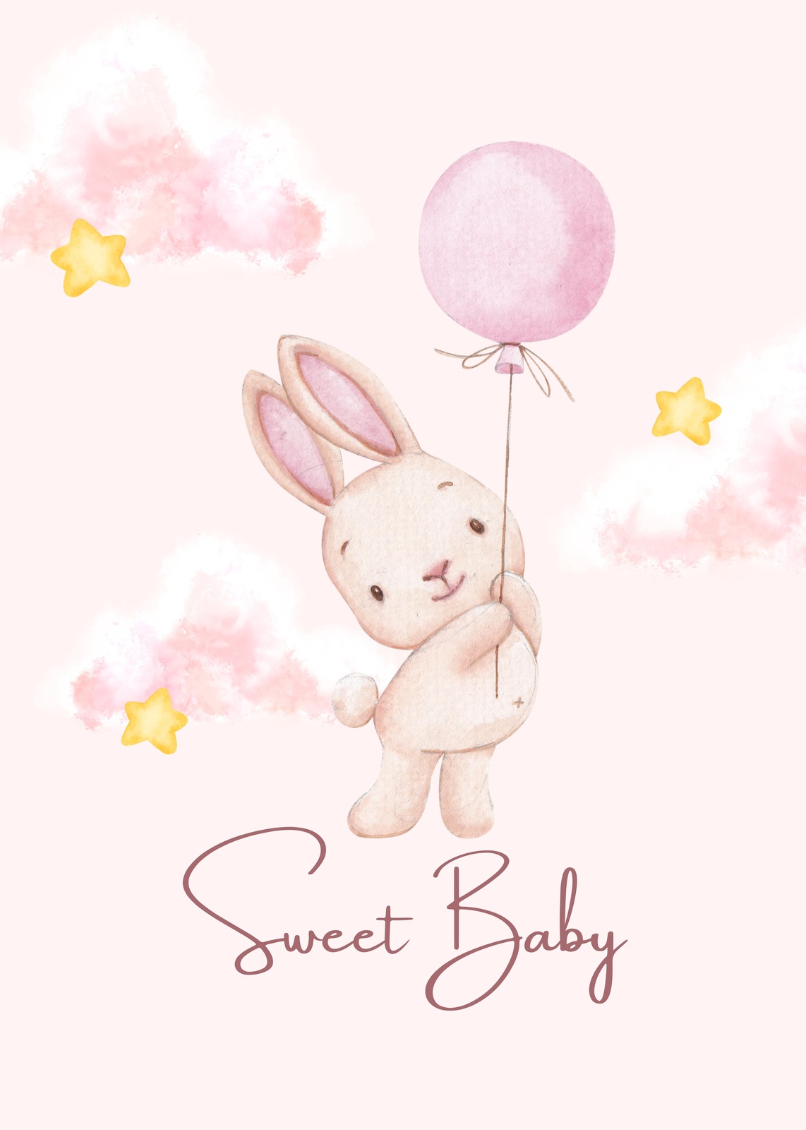 Sweet Baby Bunny Balloon Watercolor Wall Art