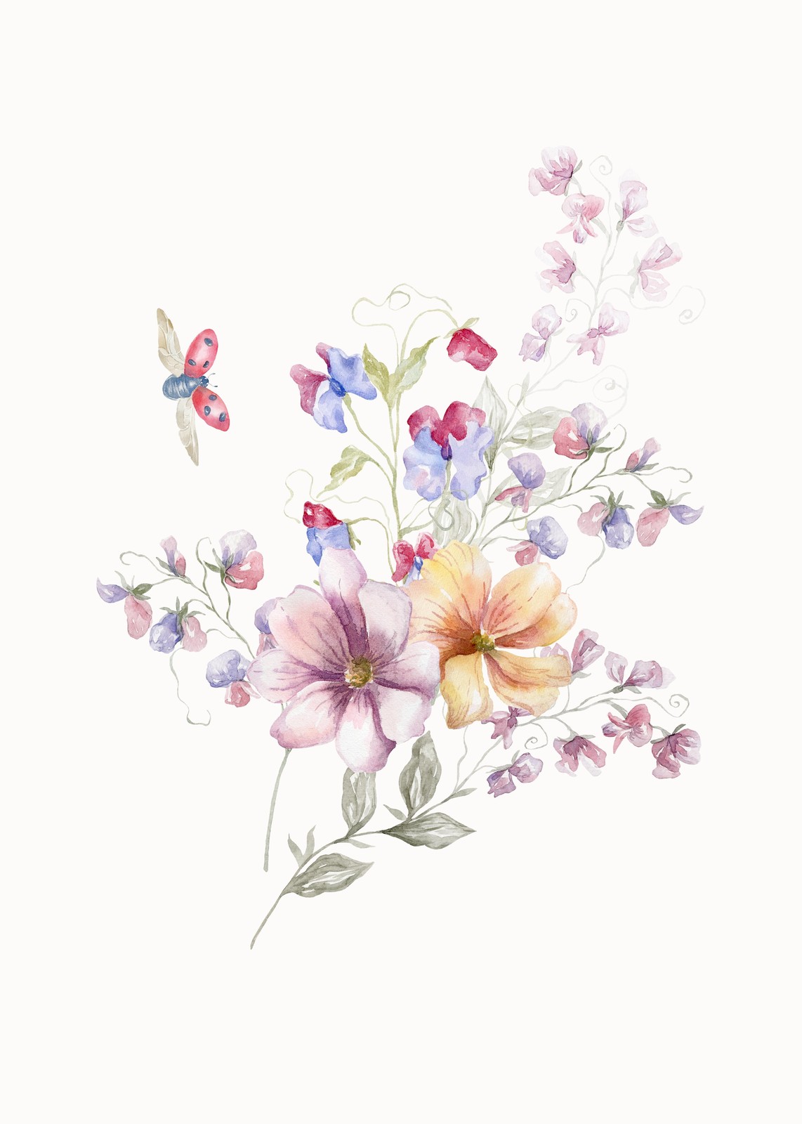 Sweet Pea & Ladybug Watercolor Floral Wall Art