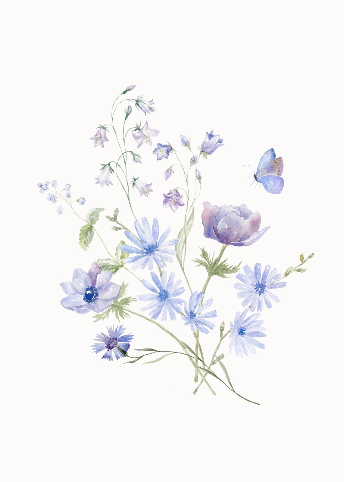 Soft Blue Floral Butterfly Watercolor Wall Art