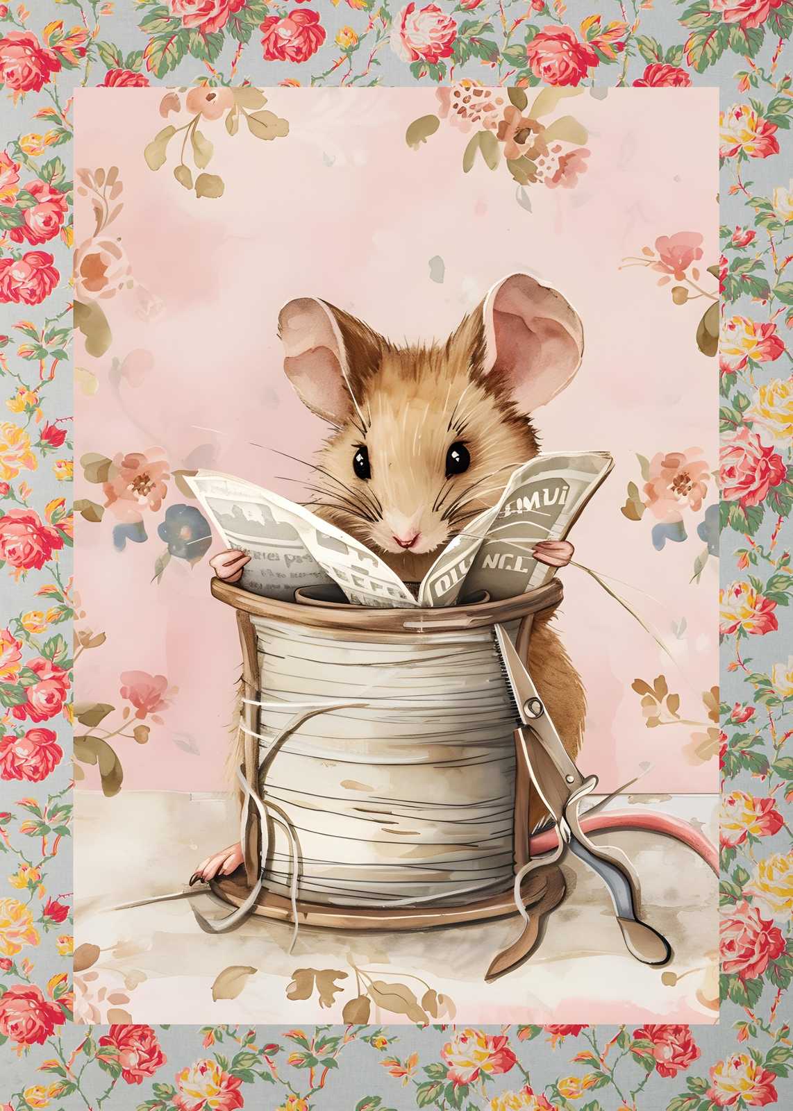 Whimsical Mouse Reading Vintage News Wall Art