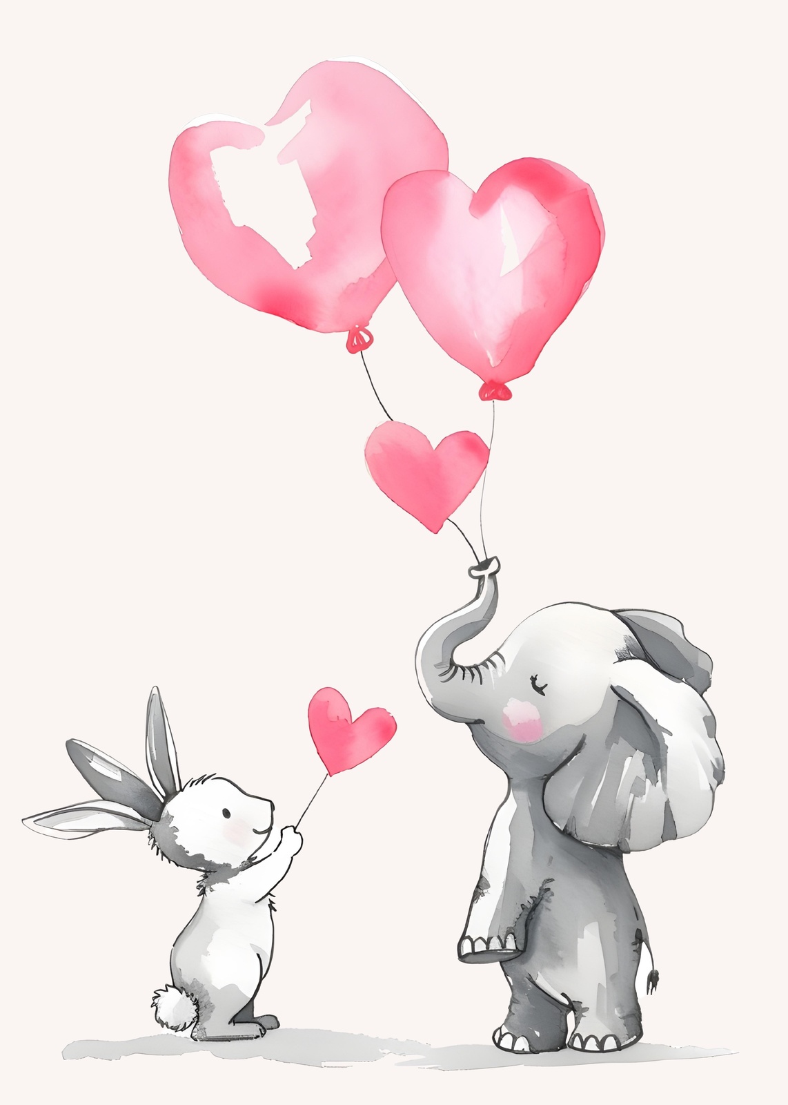 Cute Elephant & Bunny Heart Balloons Wall Art