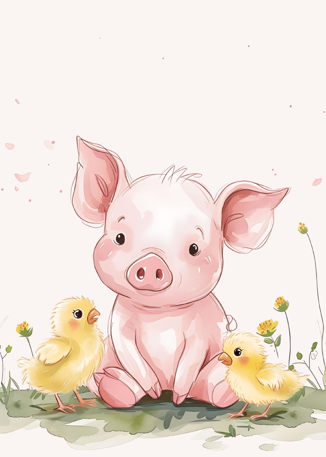 Adorable Pig & Chicks Watercolor Wall Art