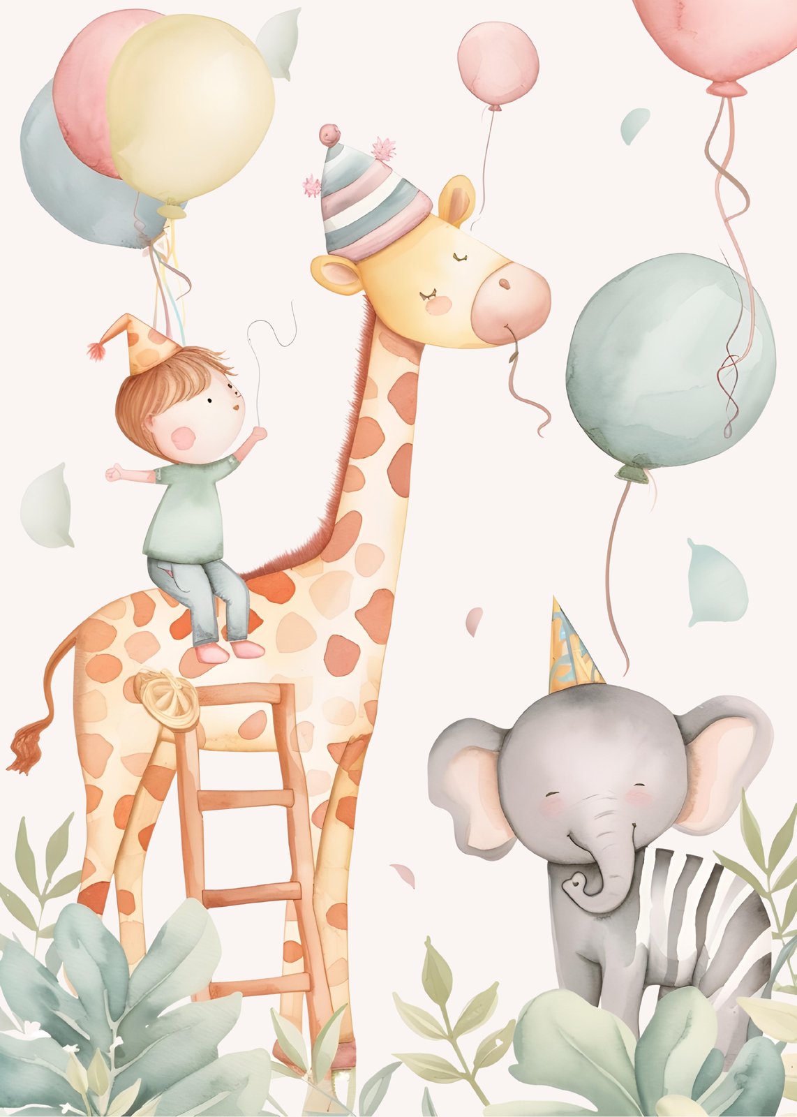 Whimsical Giraffe & Elephant Safari Birthday Wall Art