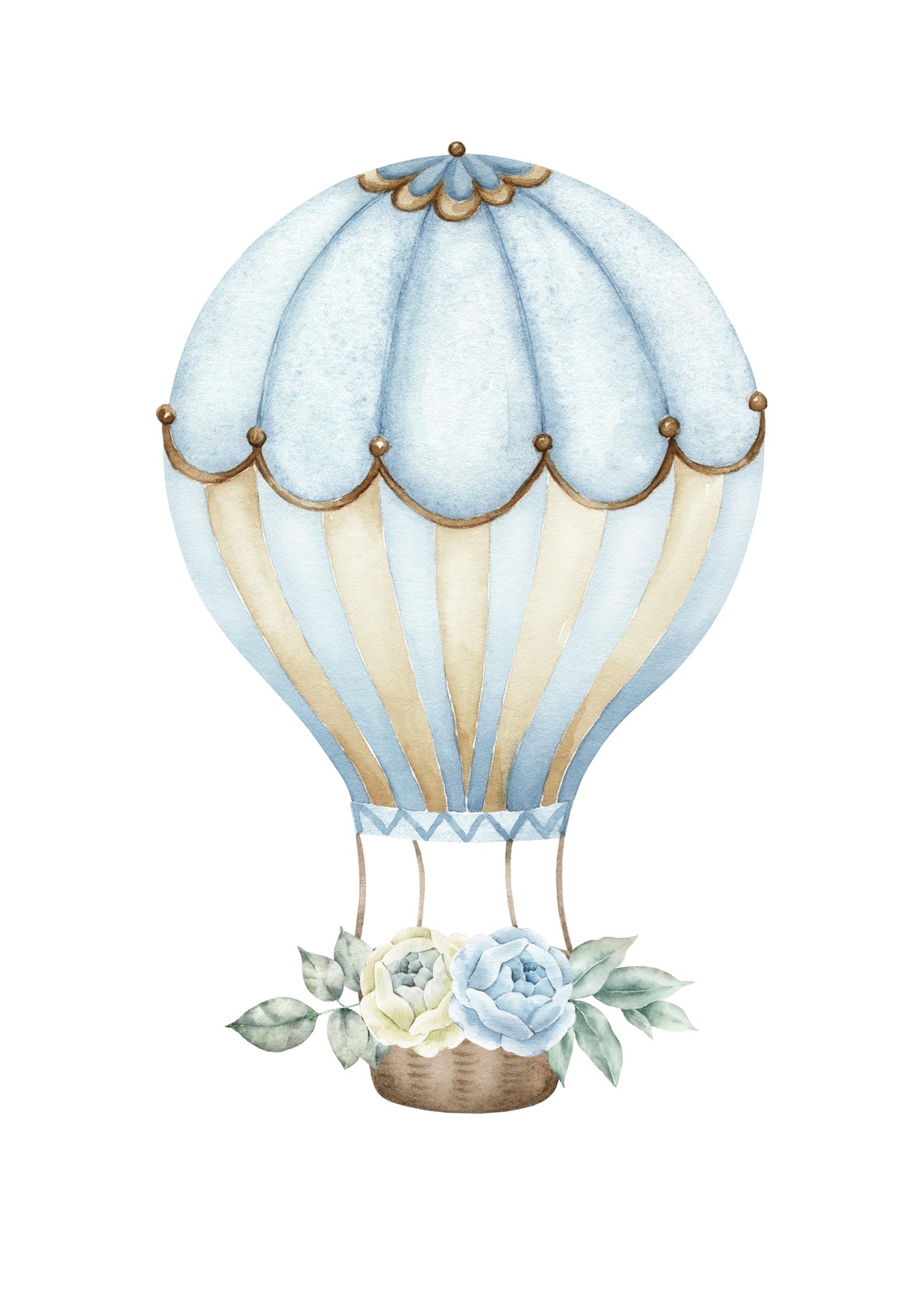Whimsical Blue Hot Air Balloon & Flowers Wall Art