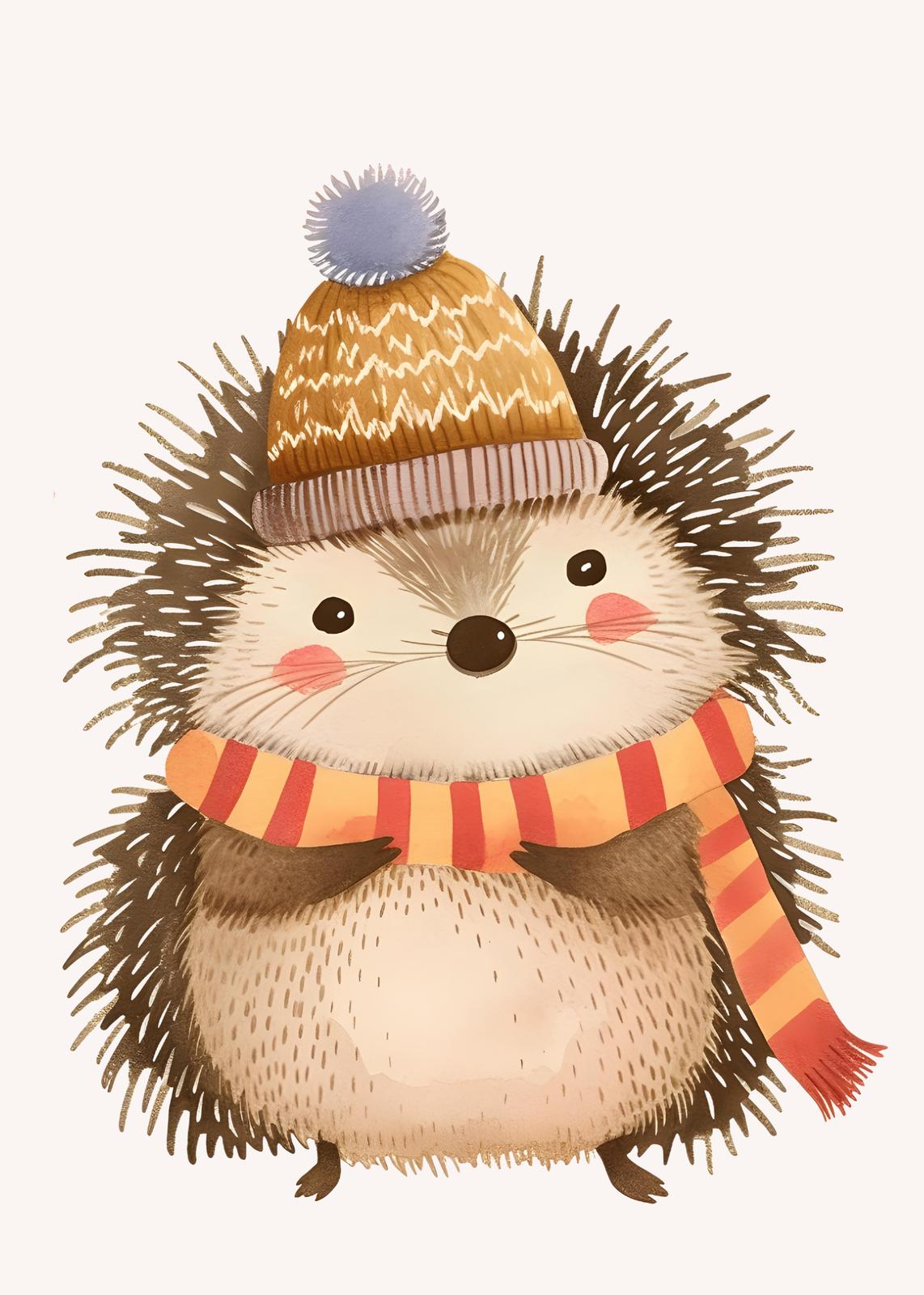 Cozy Hedgehog Winter Hat Scarf Wall Art
