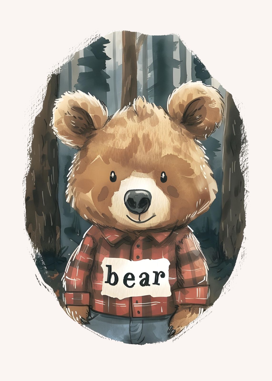 Charming Forest Bear in Plaid Flannel Wall Art