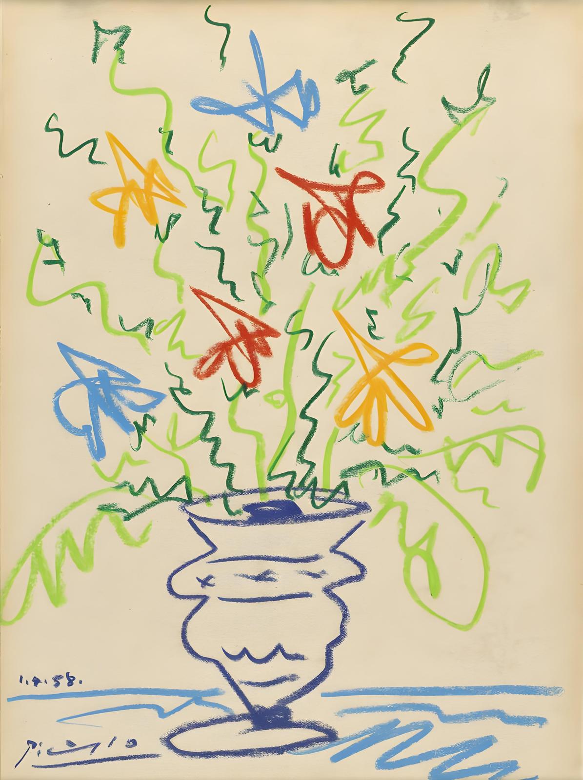Vibrant Flowers in Vase Picasso Style Wall Art