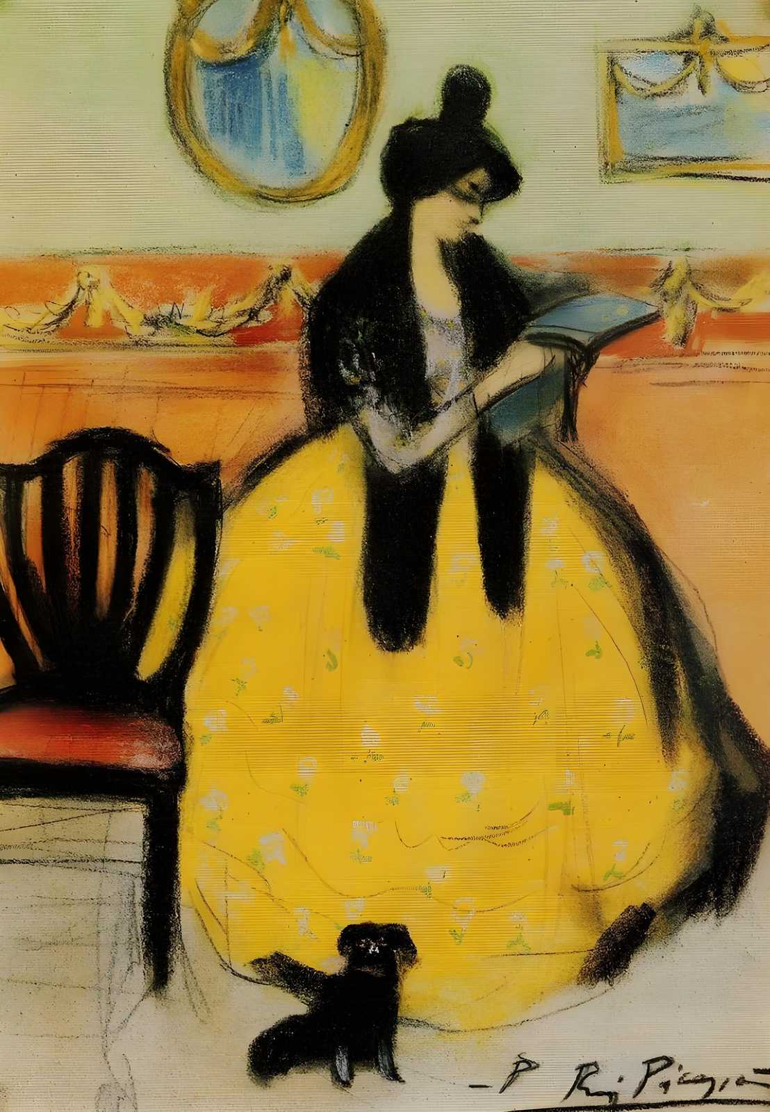 Elegant Woman Reading Yellow Dress Wall Art
