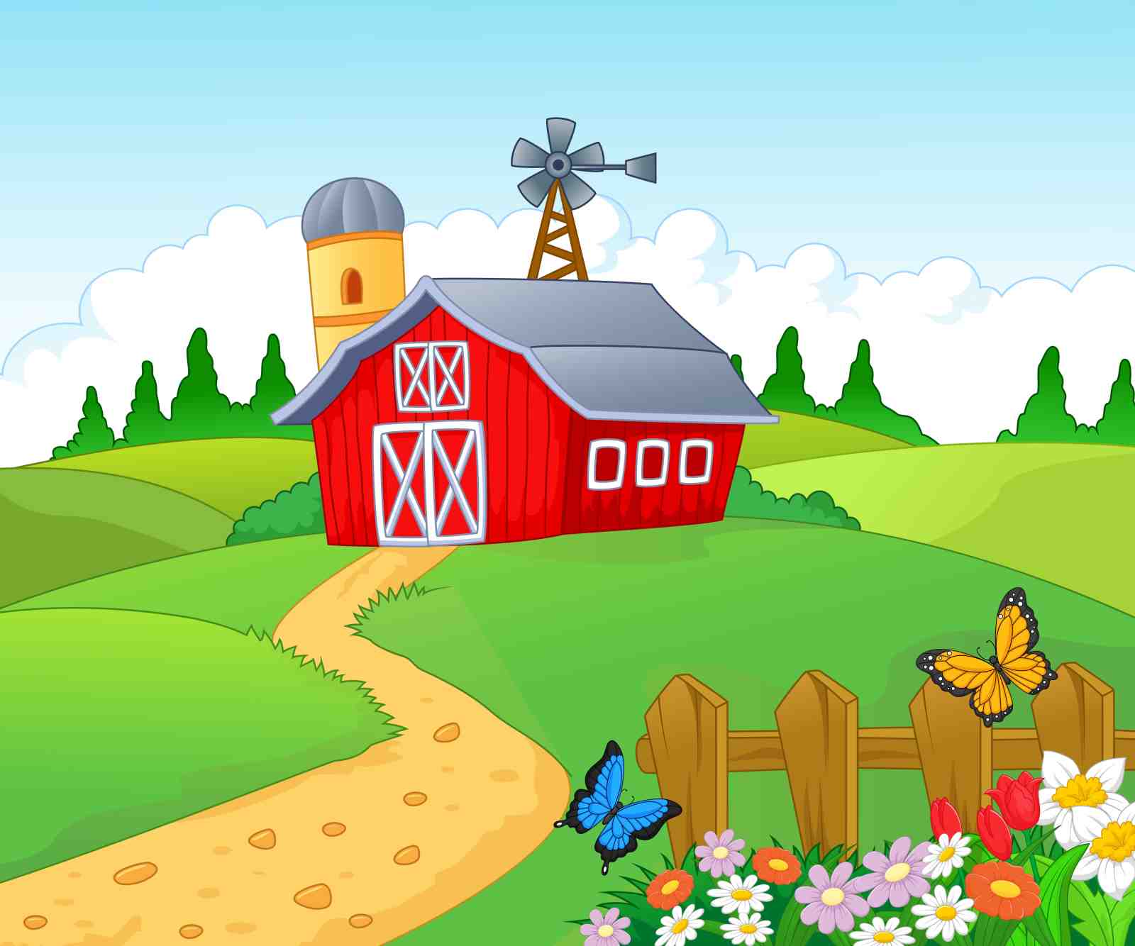Charming Countryside Barn & Butterflies Wall Art