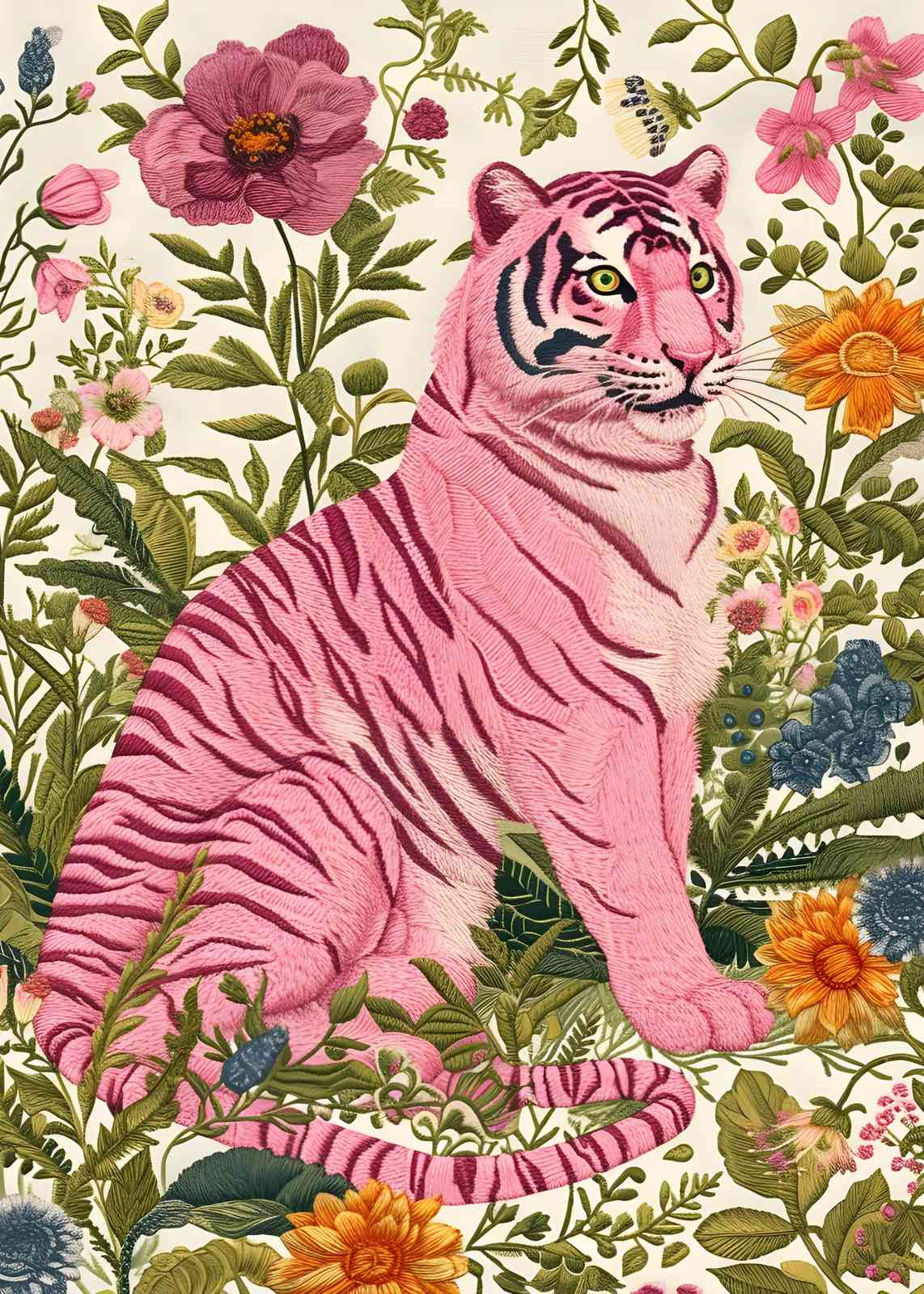 Whimsical Pink Tiger Floral Garden Wall Art
