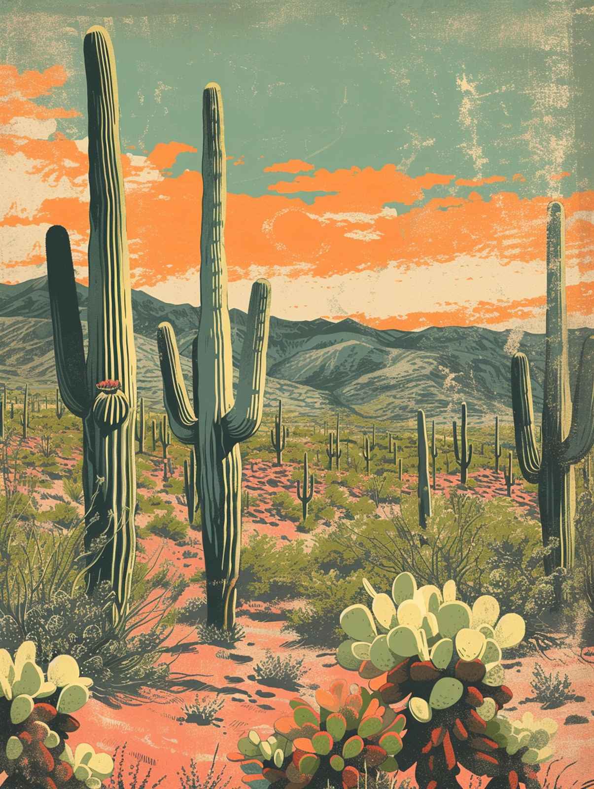 Vintage Desert Sunset Saguaro Cactus Wall Art
