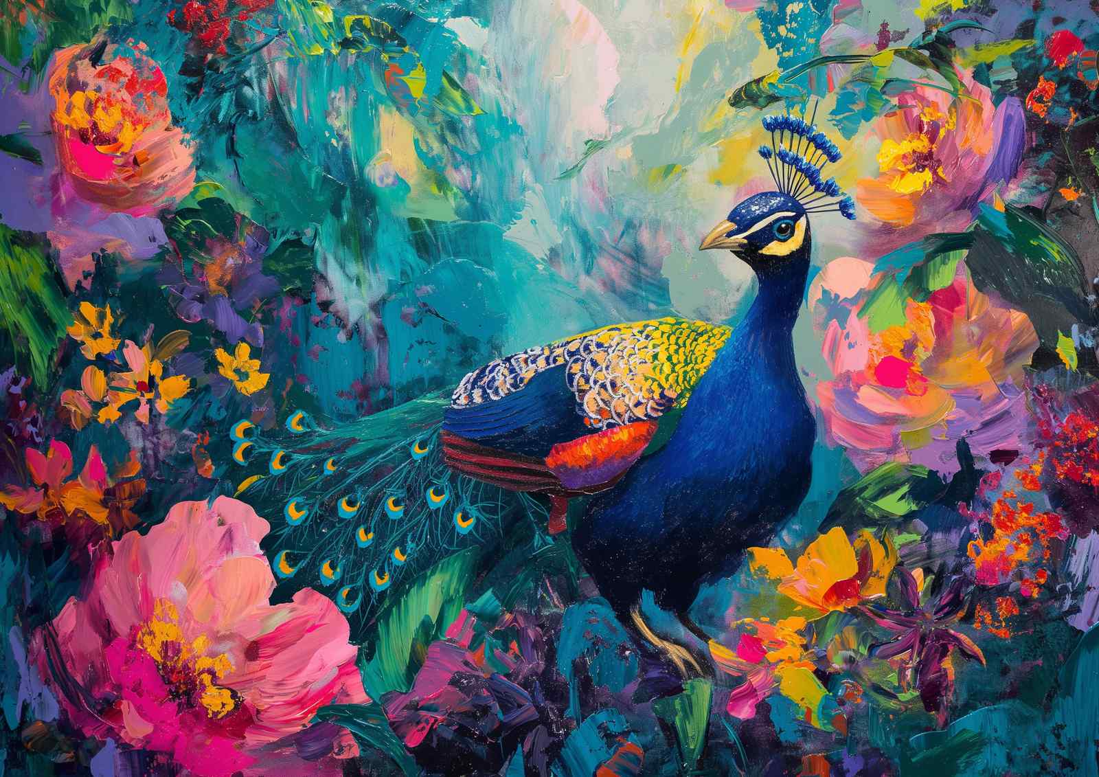 Vibrant Peacock & Flowers Wall Art
