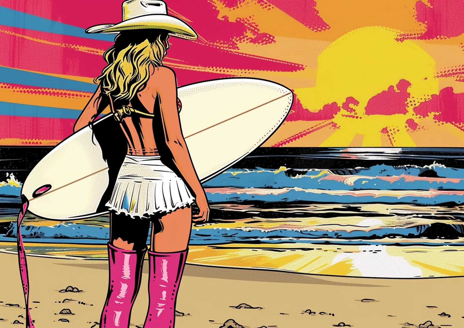 Vibrant Surfer Girl Beach Sunset Wall Art