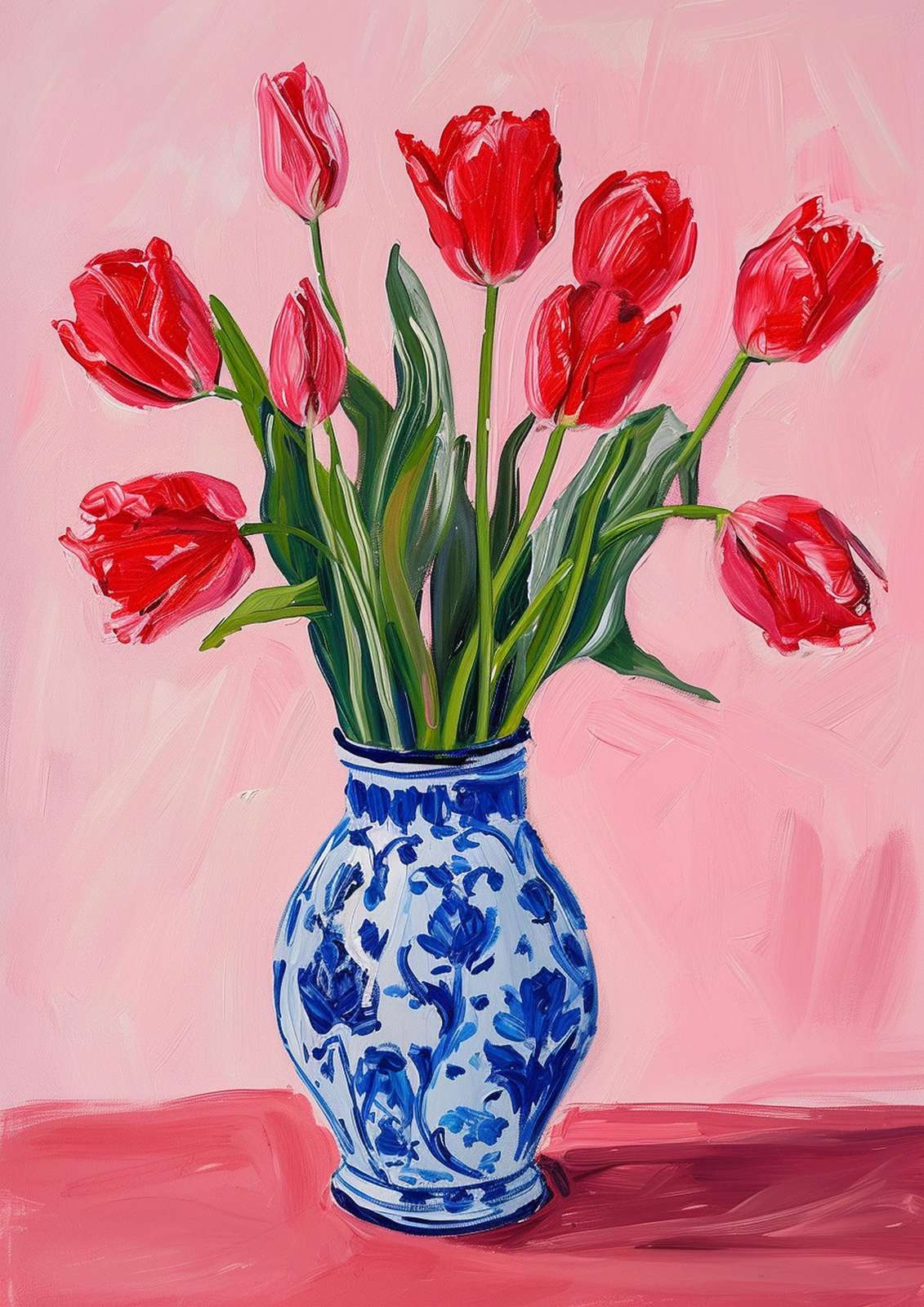 Vibrant Red Tulips in Blue Vase Wall Art