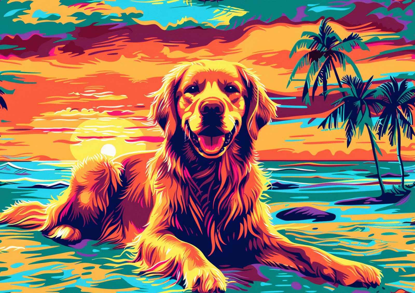 Golden Retriever Sunset Beach Wall Art