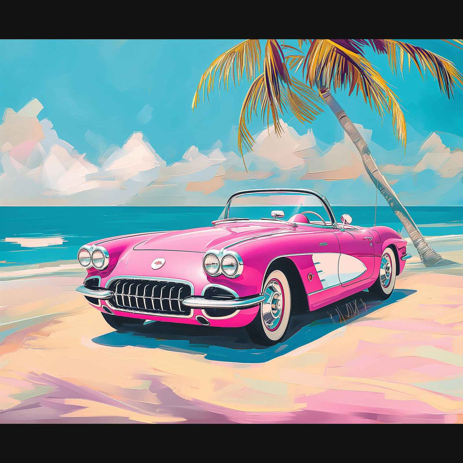 Retro Pink Corvette Beach Wall Art
