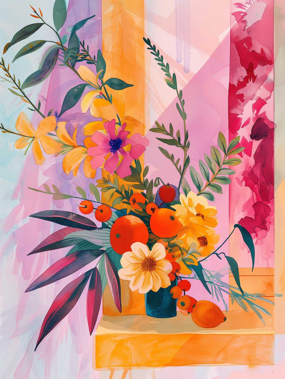 Vibrant Floral Still Life Watercolor Wall Art