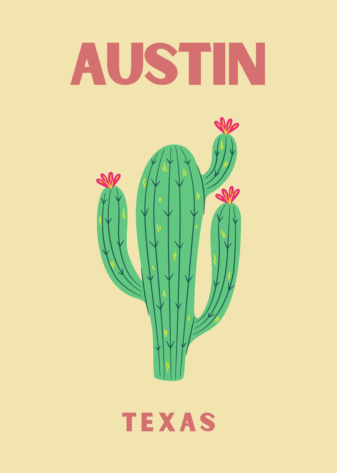 Austin Cactus Texas Retro Wall Art