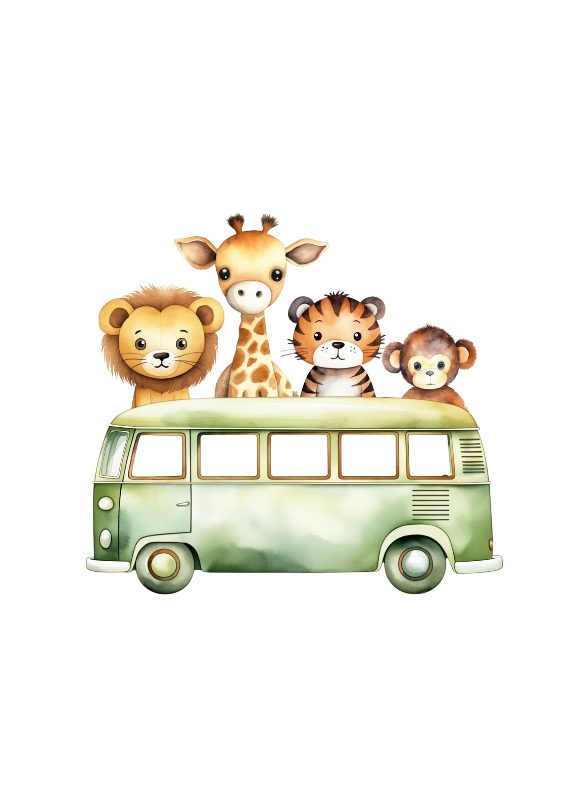 Cute Safari Animals Van Watercolor Wall Art