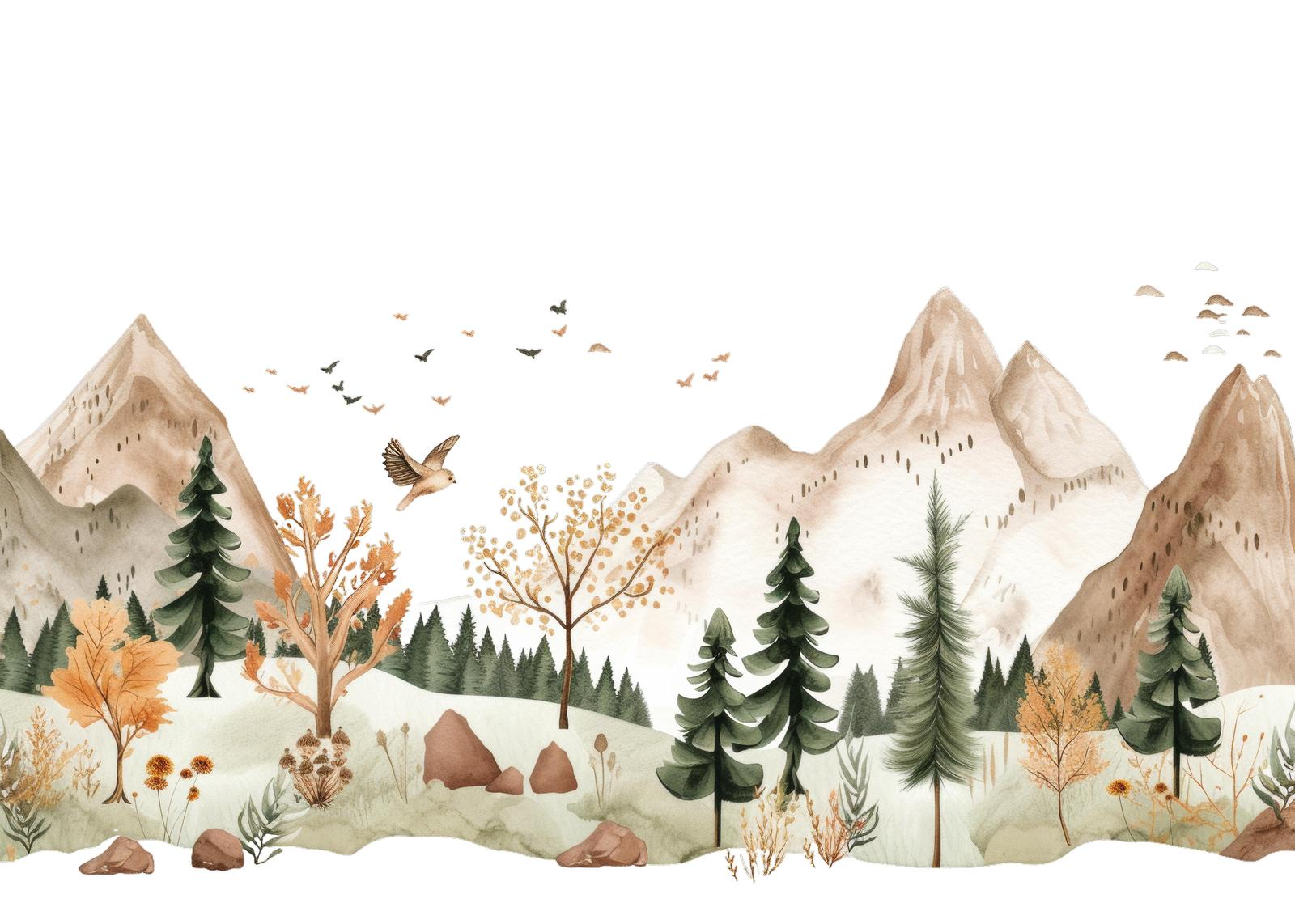 Boho Mountain Landscape Birds Wall Art