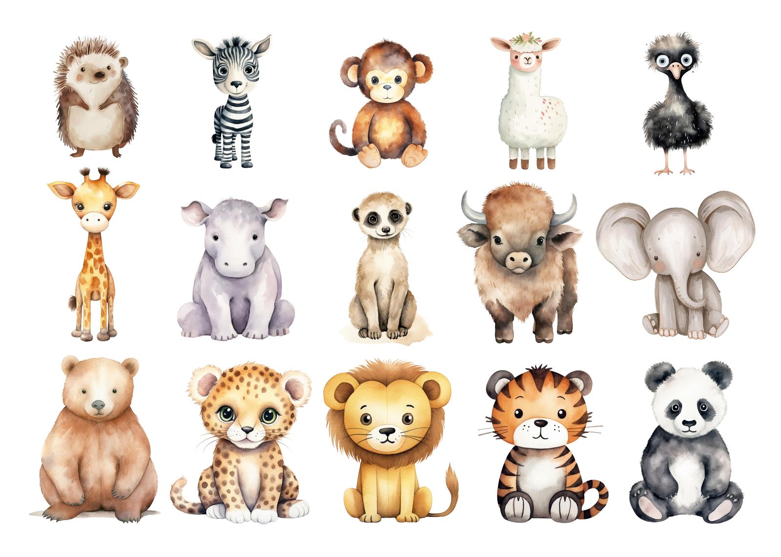 Adorable Watercolor Safari Animals Wall Art
