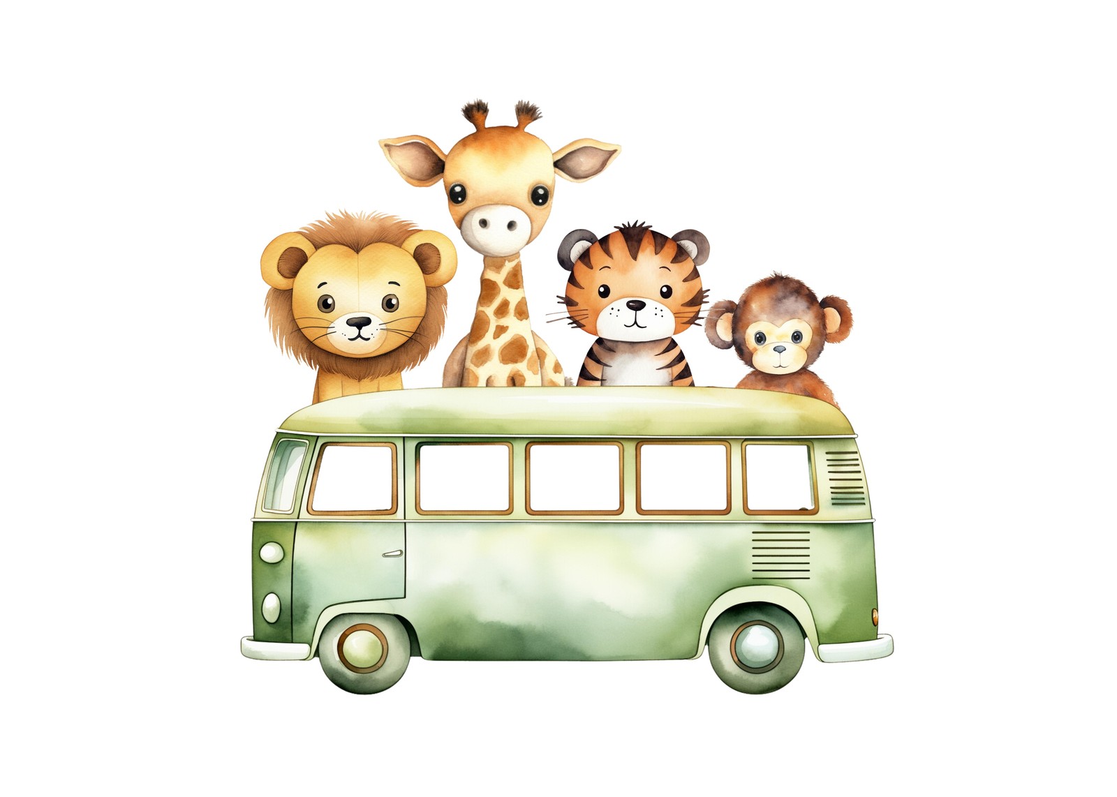 Adorable Safari Animals Van Watercolor Wall Art