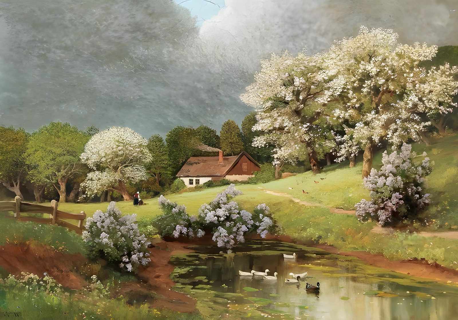 Pastoral Spring Cottage & Pond Wall Art
