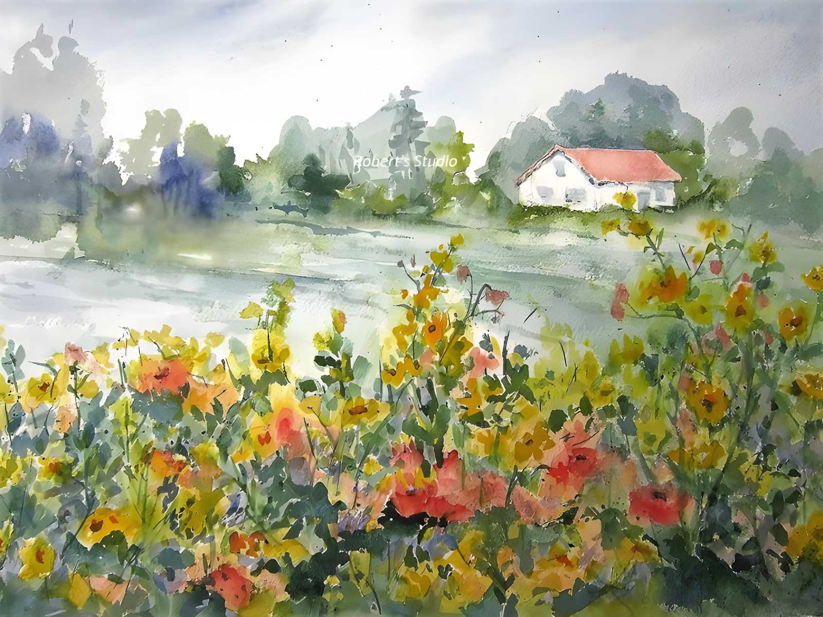 Serene Countryside Watercolor Wall Art