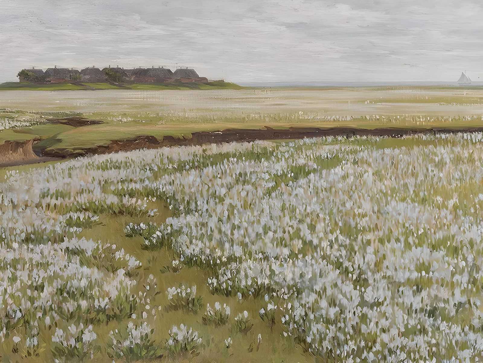 Serene Coastal Meadow with Thatched Cottages Wall Art
