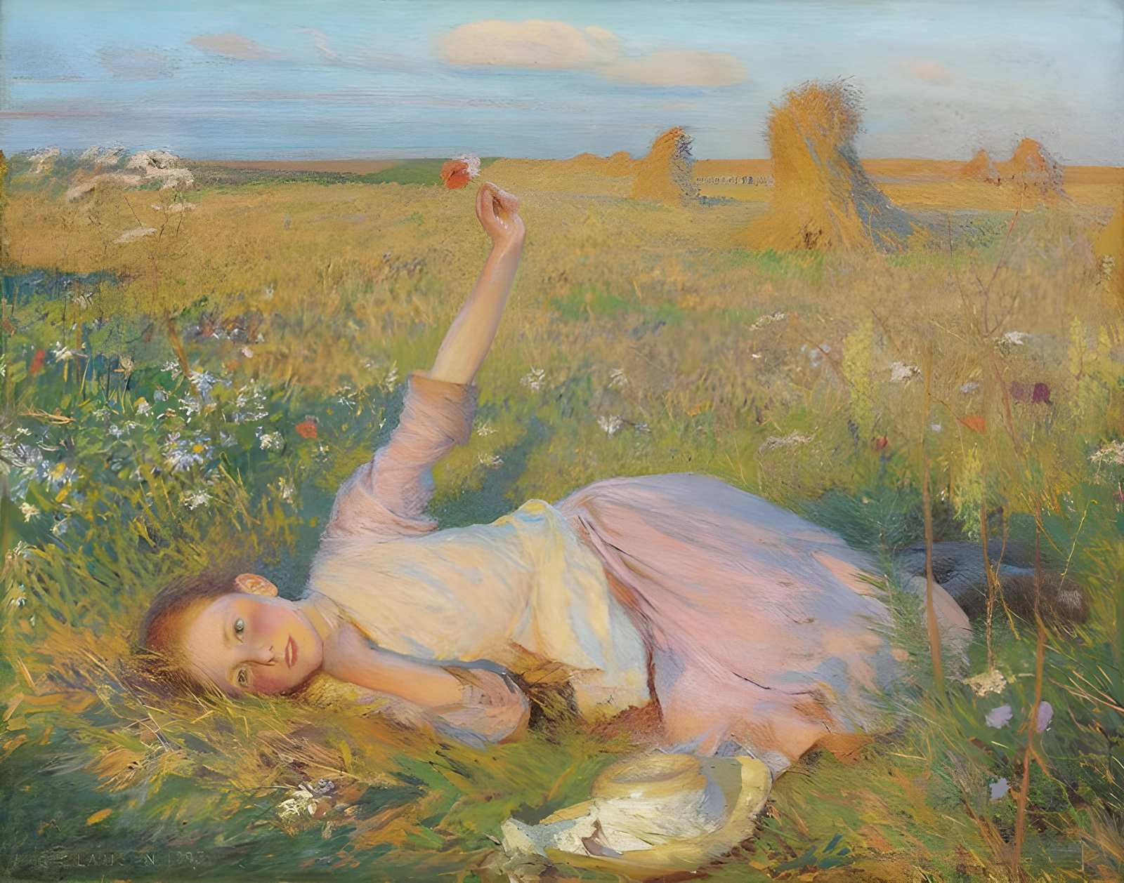 Serene Meadow Girl with Poppy Wall Art