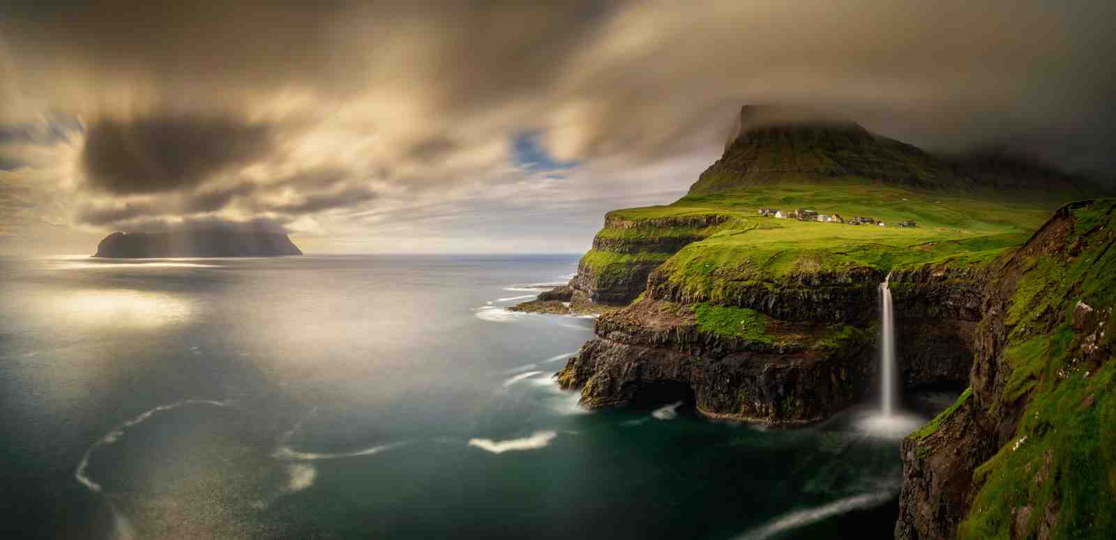 Majestic Waterfall Coastal Village Wall Art
