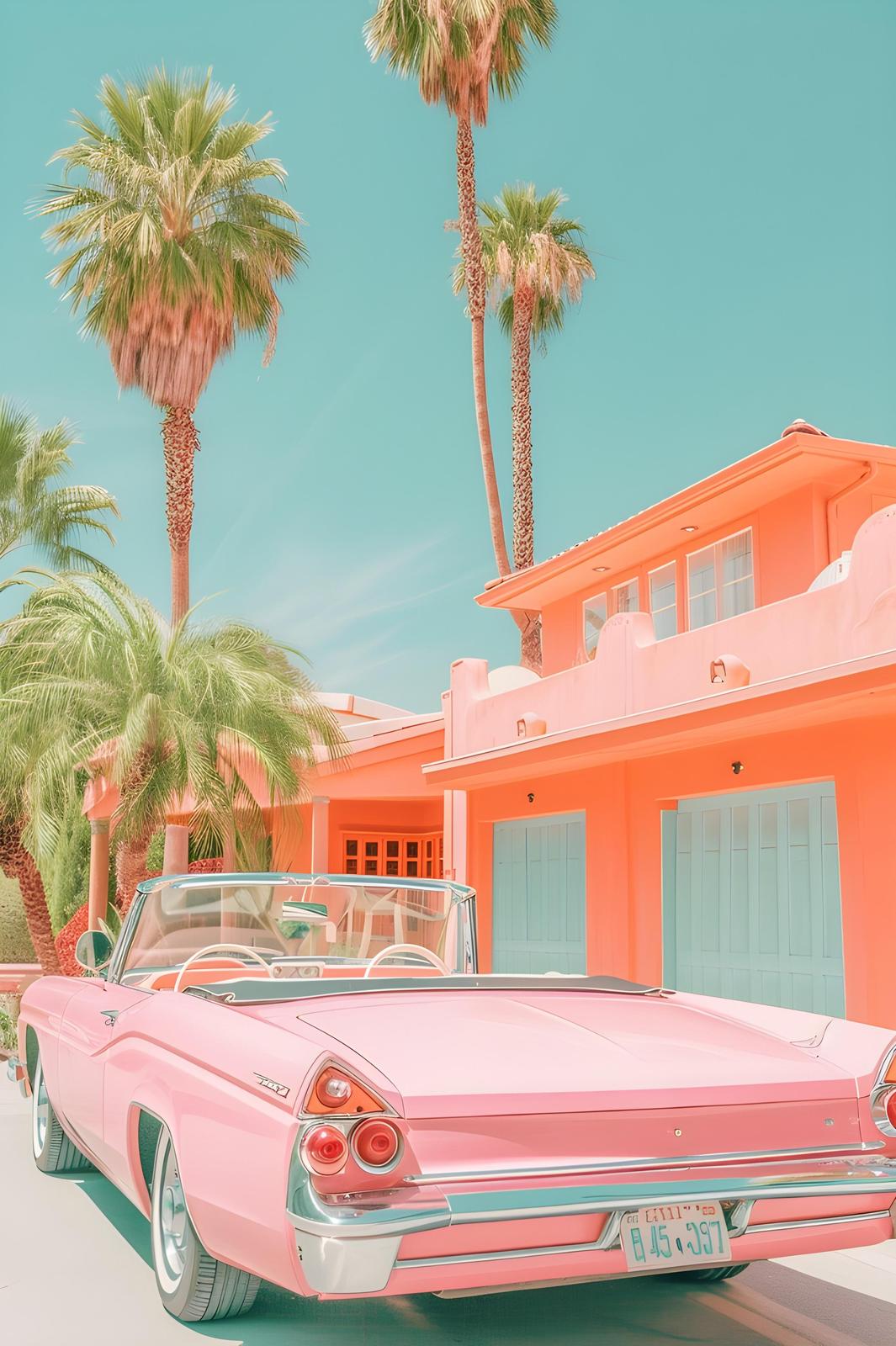 Retro Pink Convertible & Palm Trees Wall Art