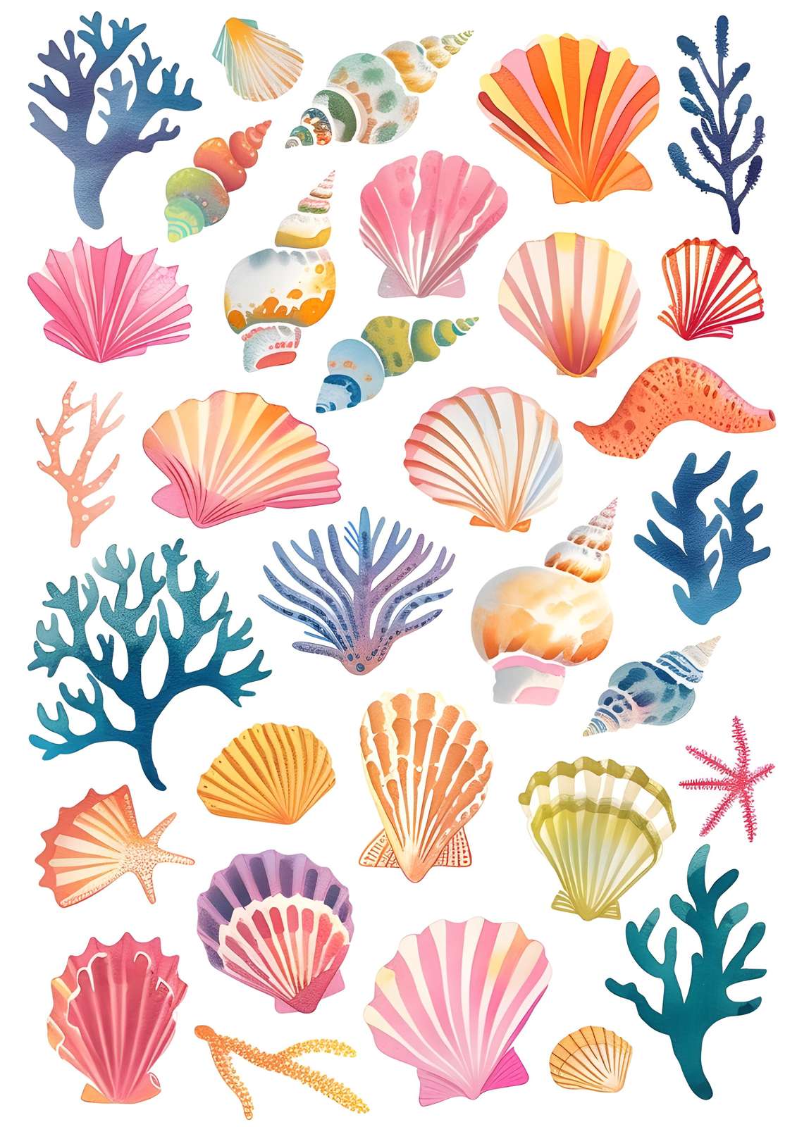 Vibrant Seashell & Coral Watercolor Wall Art
