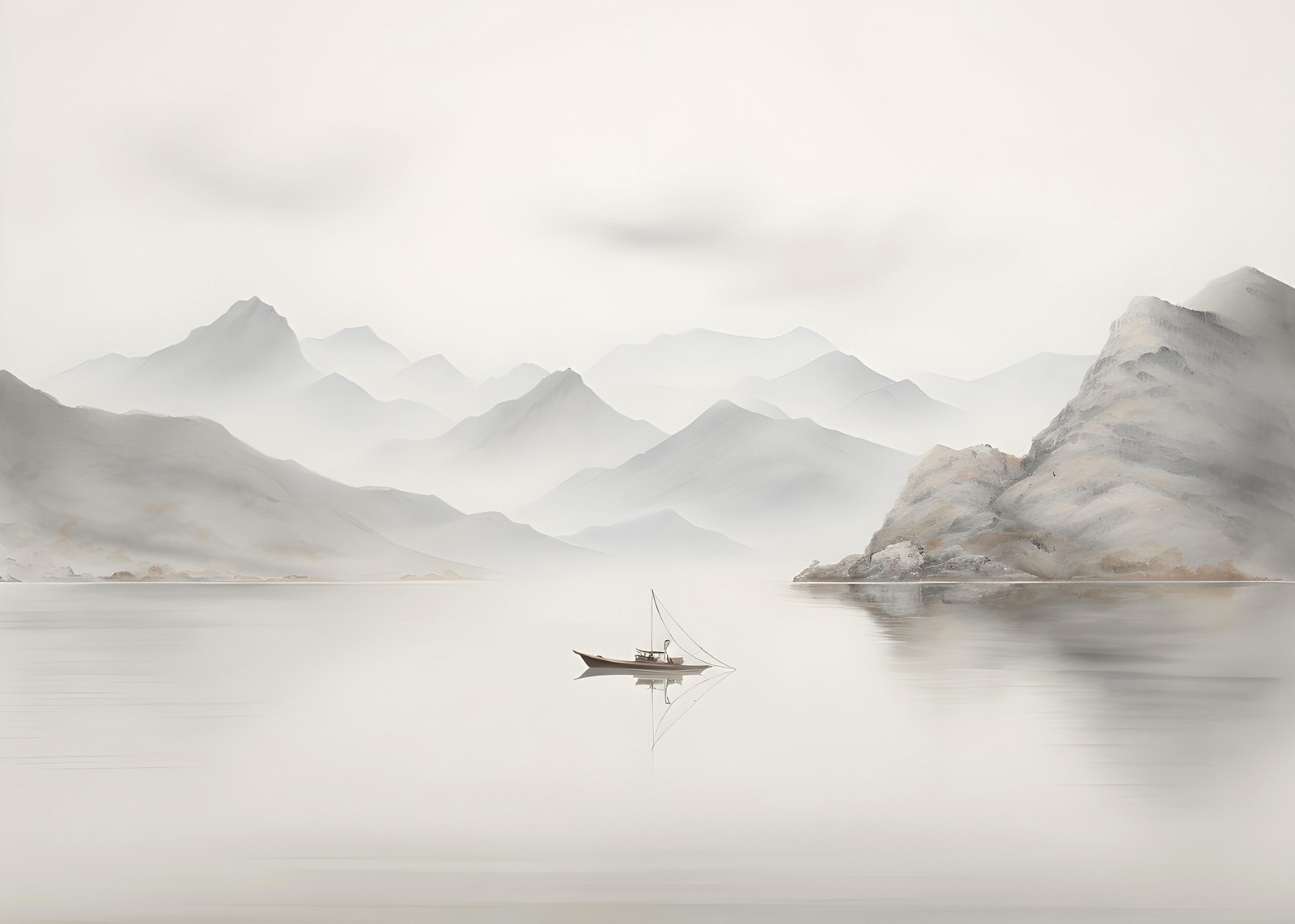 Serene Misty Mountains & Boat Wall Art
