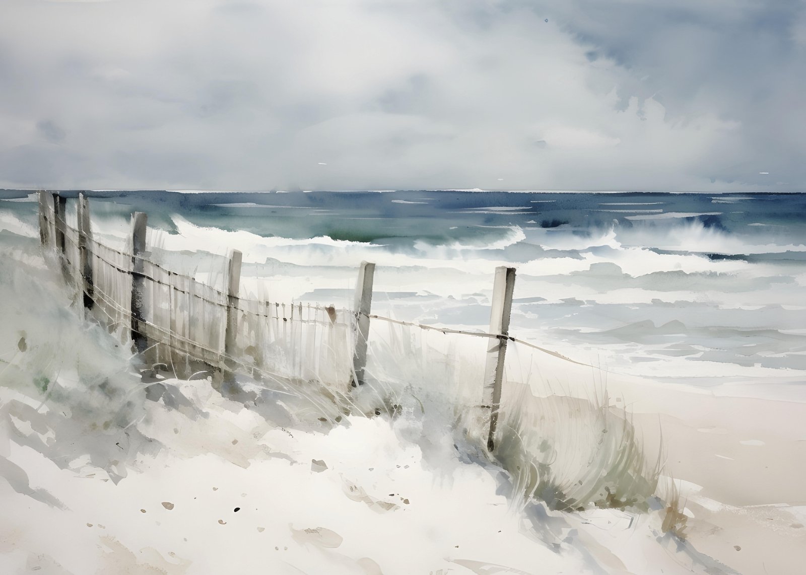 Serene Beach Fence Watercolor Wall Art