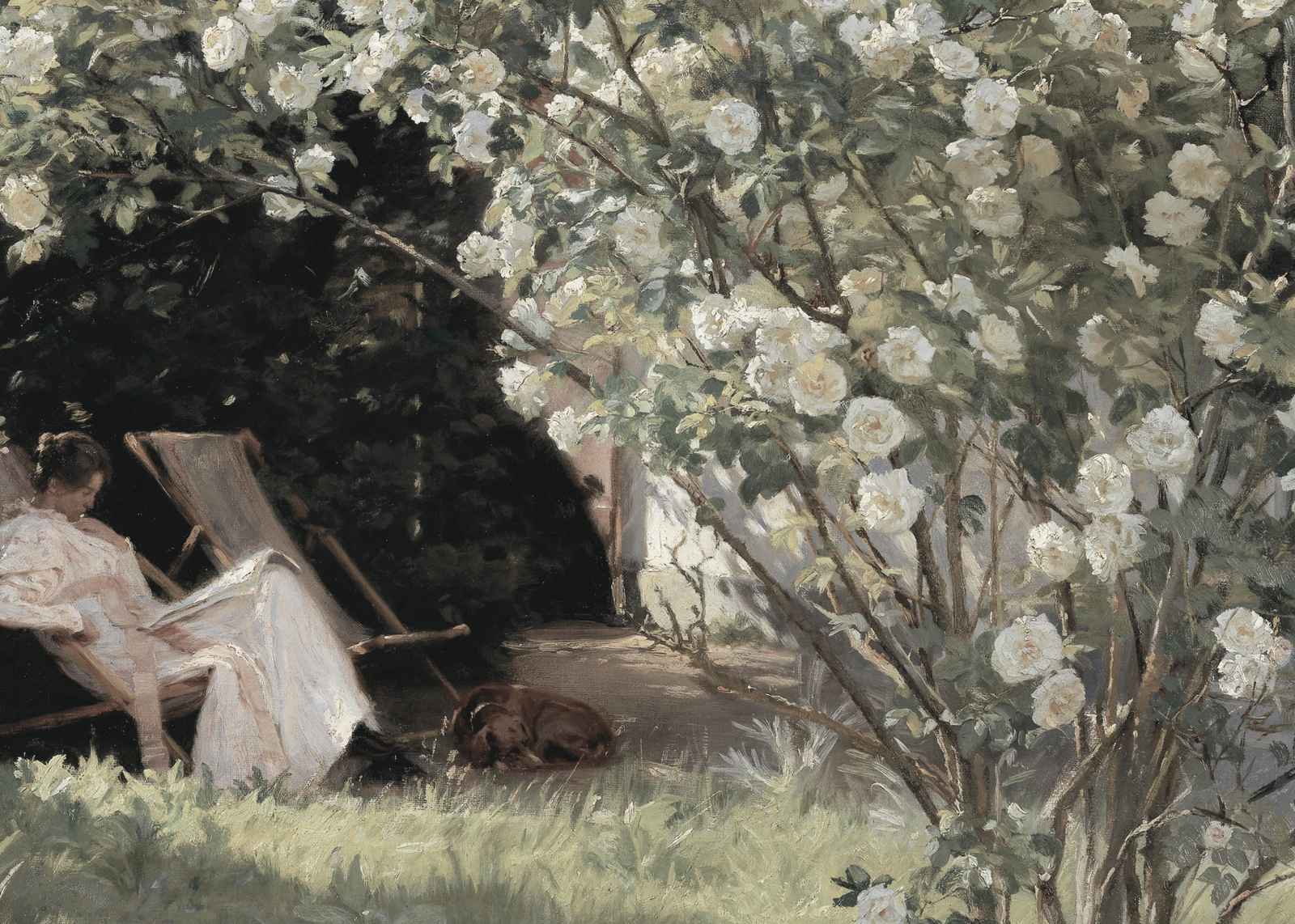 Serene Garden Scene with Woman & Dog Wall Art