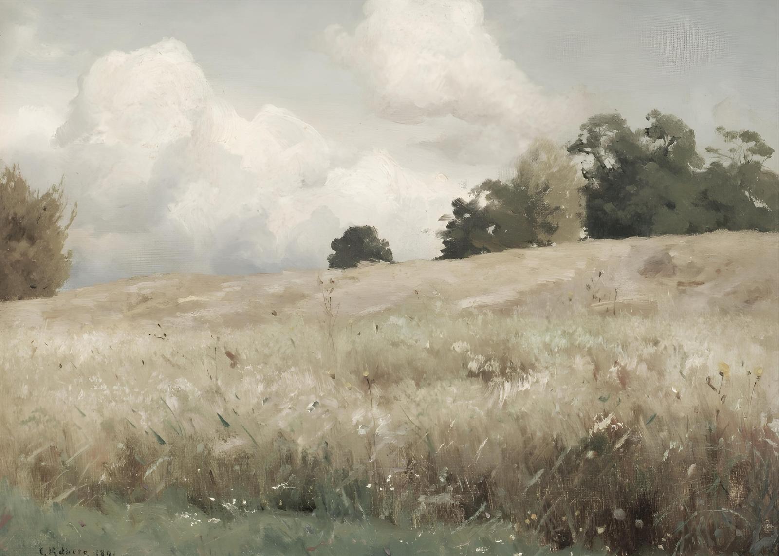Serene Meadow Landscape Oil Painting Wall Art