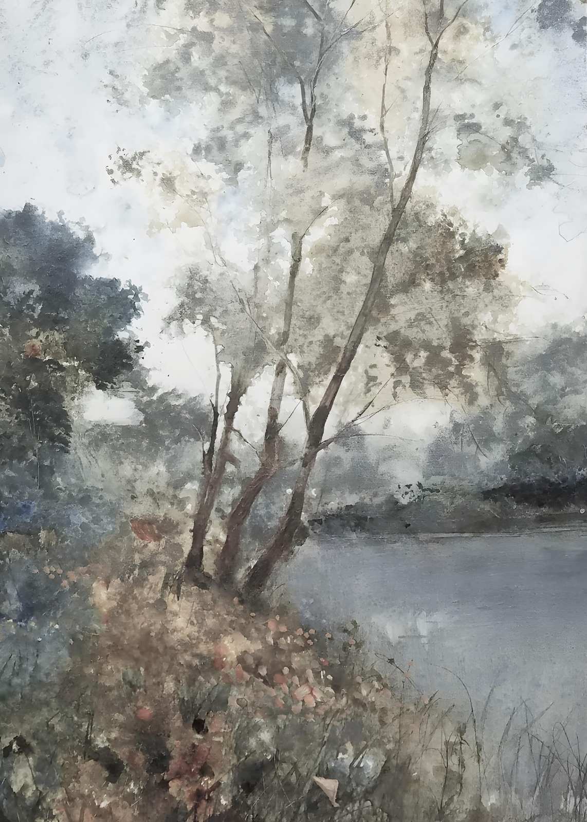 Misty Riverbank Serenity Landscape Wall Art
