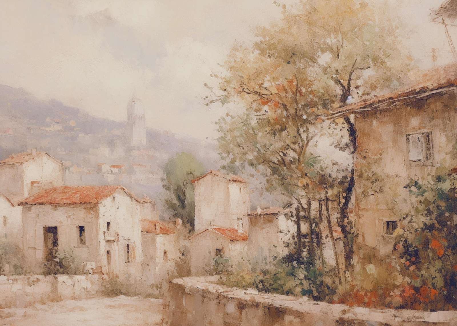 Vintage European Village Landscape Wall Art