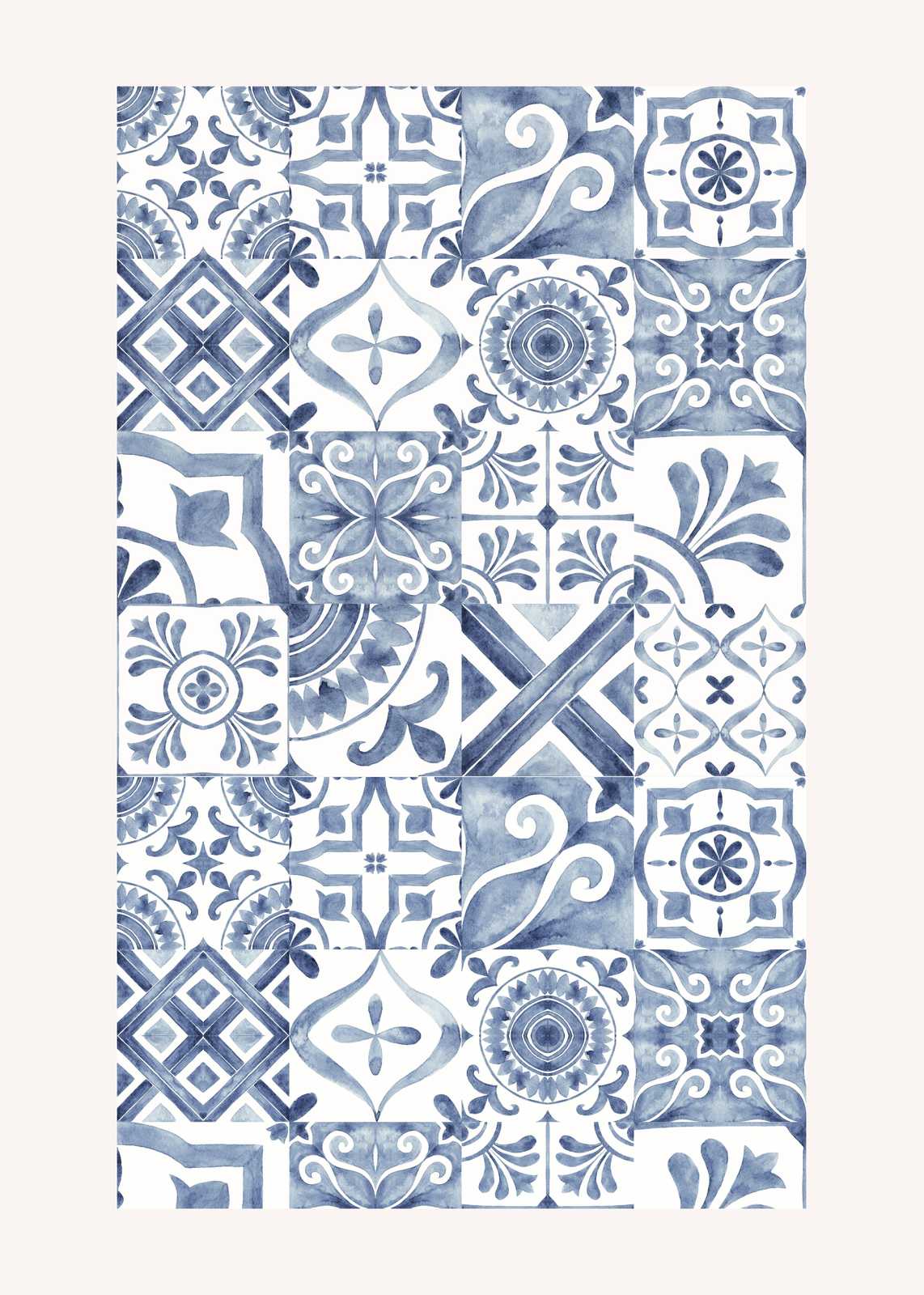 Blue Moroccan Tile Watercolor Wall Art