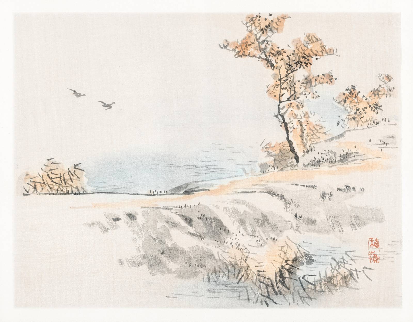 Serene Autumn Landscape with Birds Wall Art