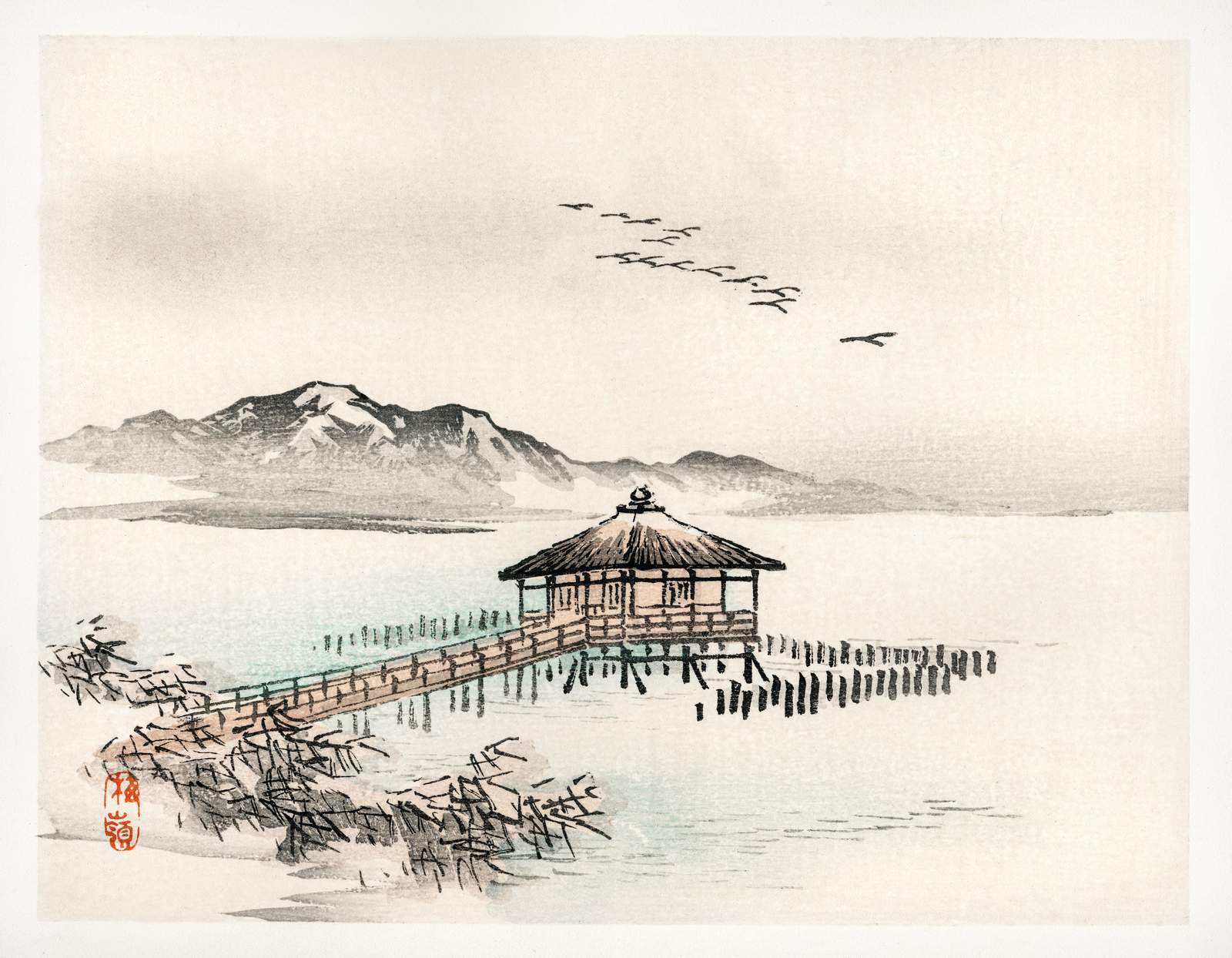 Serene Japanese Pier & Mountains Wall Art