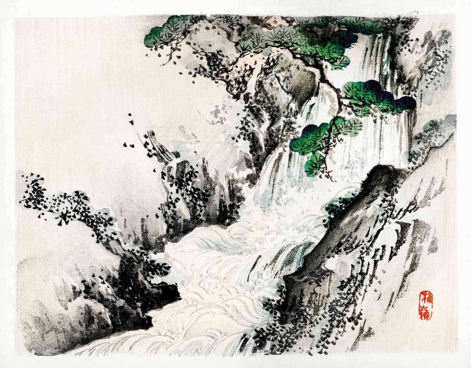 Serene Waterfall Landscape Japanese Art Wall Art