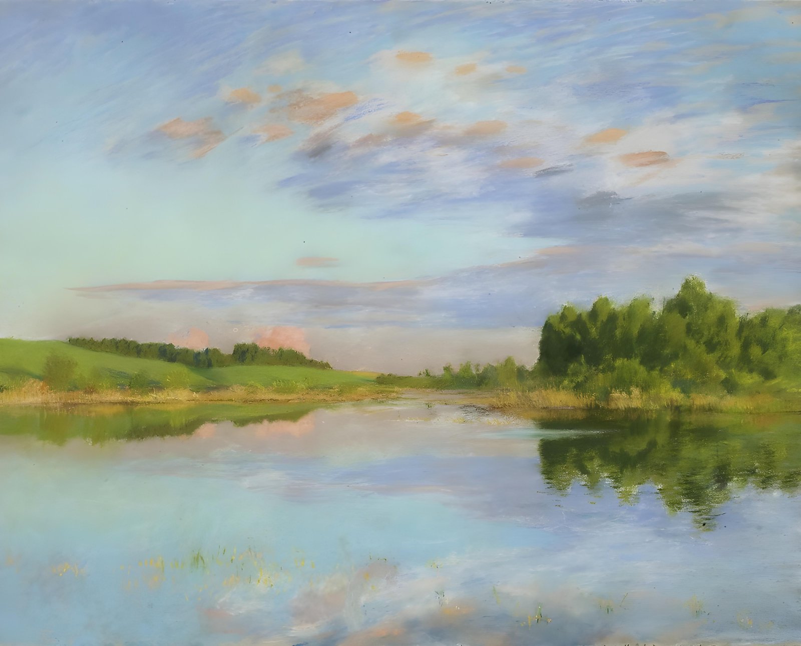 Serene Lakeside Landscape Pastel Wall Art